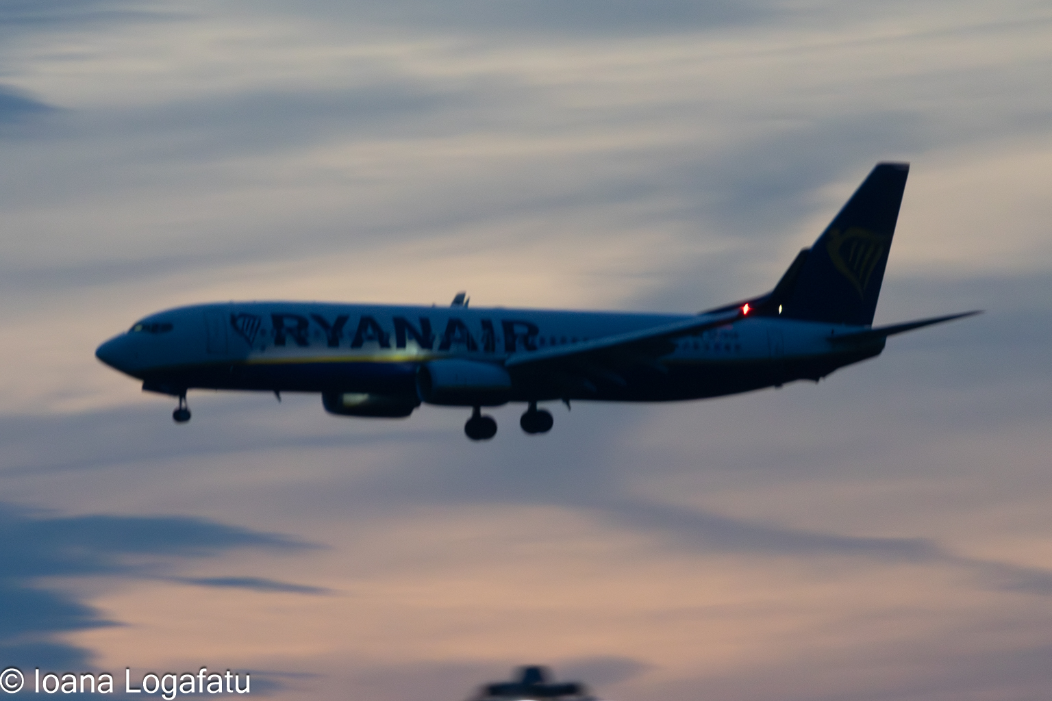 Plane descends through sunset colors